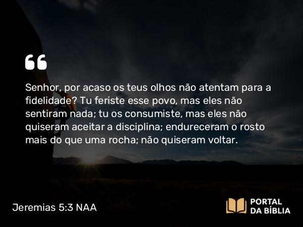 Jeremias 5:3 NAA - Senhor, por acaso os teus olhos não atentam para a fidelidade? Tu feriste esse povo, mas eles não sentiram nada; tu os consumiste, mas eles não quiseram aceitar a disciplina; endureceram o rosto mais do que uma rocha; não quiseram voltar.