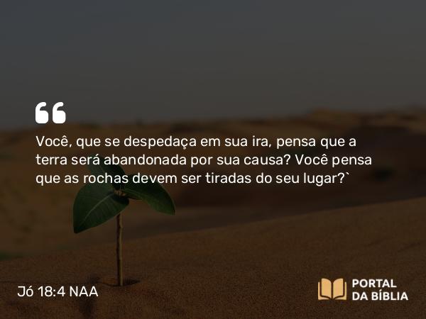 Jó 18:4 NAA - Você, que se despedaça em sua ira, pensa que a terra será abandonada por sua causa? Você pensa que as rochas devem ser tiradas do seu lugar?