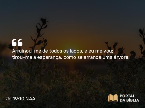 Jó 19:10 NAA - Arruinou-me de todos os lados, e eu me vou; tirou-me a esperança, como se arranca uma árvore.