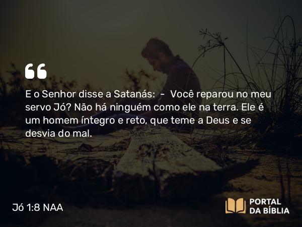 Jó 1:8 NAA - E o Senhor disse a Satanás: — Você reparou no meu servo Jó? Não há ninguém como ele na terra. Ele é um homem íntegro e reto, que teme a Deus e se desvia do mal.