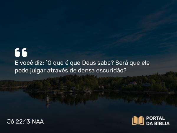 Jó 22:13 NAA - E você diz: ‘O que é que Deus sabe? Será que ele pode julgar através de densa escuridão?