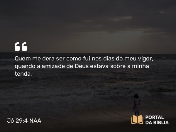 Jó 29:4 NAA - Quem me dera ser como fui nos dias do meu vigor, quando a amizade de Deus estava sobre a minha tenda,