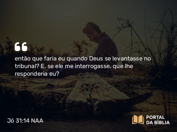 Jó 31:14 NAA - então que faria eu quando Deus se levantasse no tribunal? E, se ele me interrogasse, que lhe responderia eu?