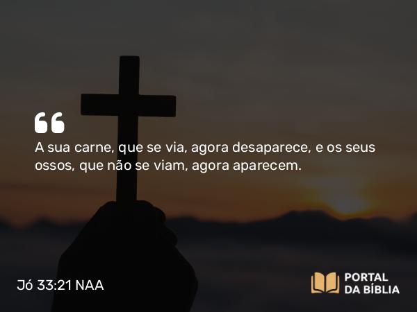 Jó 33:21 NAA - A sua carne, que se via, agora desaparece, e os seus ossos, que não se viam, agora aparecem.