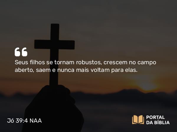 Jó 39:4 NAA - Seus filhos se tornam robustos, crescem no campo aberto, saem e nunca mais voltam para elas.