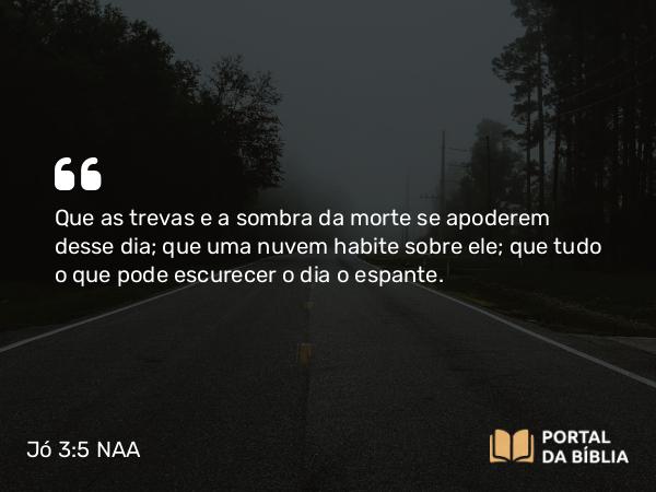 Jó 3:5 NAA - Que as trevas e a sombra da morte se apoderem desse dia; que uma nuvem habite sobre ele; que tudo o que pode escurecer o dia o espante.