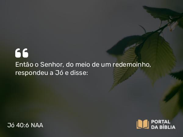 Jó 40:6 NAA - Então o Senhor, do meio de um redemoinho, respondeu a Jó e disse: