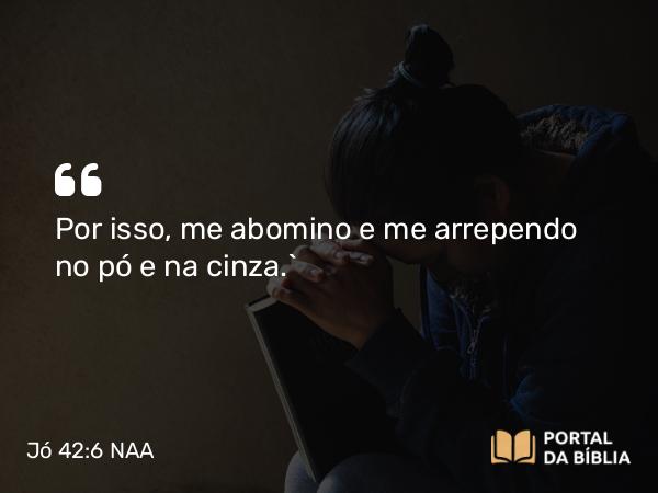 Jó 42:6 NAA - Por isso, me abomino e me arrependo no pó e na cinza.