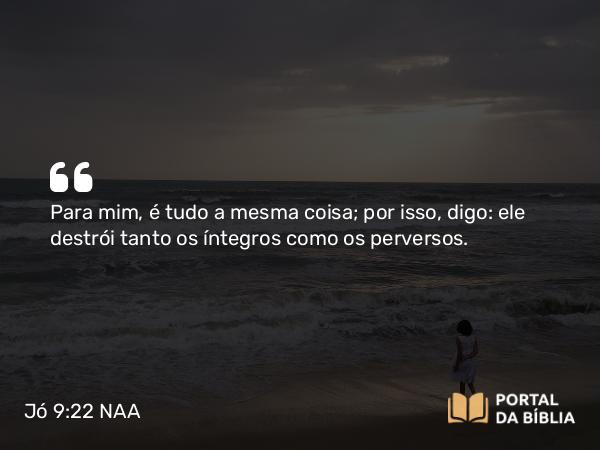 Jó 9:22 NAA - Para mim, é tudo a mesma coisa; por isso, digo: ele destrói tanto os íntegros como os perversos.