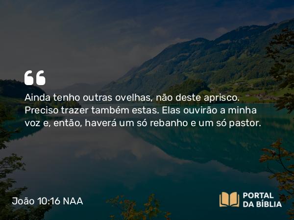 João 10:16 NAA - Ainda tenho outras ovelhas, não deste aprisco. Preciso trazer também estas. Elas ouvirão a minha voz e, então, haverá um só rebanho e um só pastor.