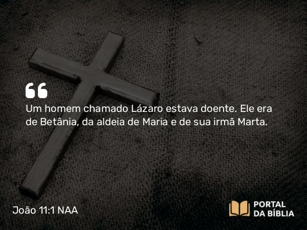 João 11:1 NAA - Um homem chamado Lázaro estava doente. Ele era de Betânia, da aldeia de Maria e de sua irmã Marta.