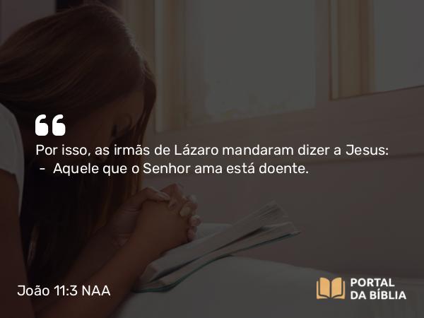 João 11:3 NAA - Por isso, as irmãs de Lázaro mandaram dizer a Jesus: — Aquele que o Senhor ama está doente.