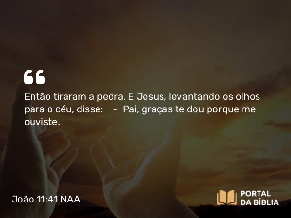 João 11:41 NAA - Então tiraram a pedra. E Jesus, levantando os olhos para o céu, disse: — Pai, graças te dou porque me ouviste.