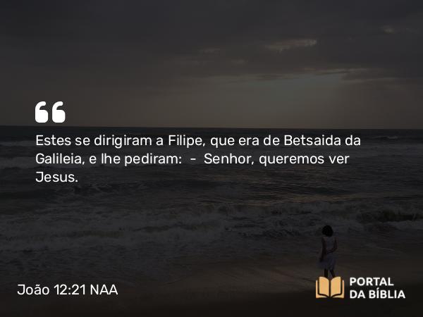 João 12:21 NAA - Estes se dirigiram a Filipe, que era de Betsaida da Galileia, e lhe pediram: — Senhor, queremos ver Jesus.