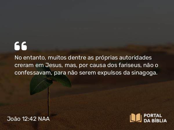 João 12:42 NAA - No entanto, muitos dentre as próprias autoridades creram em Jesus, mas, por causa dos fariseus, não o confessavam, para não serem expulsos da sinagoga.