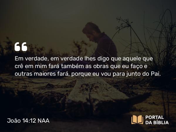 João 14:12 NAA - Em verdade, em verdade lhes digo que aquele que crê em mim fará também as obras que eu faço e outras maiores fará, porque eu vou para junto do Pai.