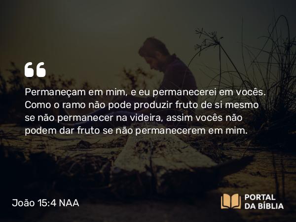 João 15:4 NAA - Permaneçam em mim, e eu permanecerei em vocês. Como o ramo não pode produzir fruto de si mesmo se não permanecer na videira, assim vocês não podem dar fruto se não permanecerem em mim.