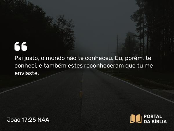 João 17:25 NAA - Pai justo, o mundo não te conheceu. Eu, porém, te conheci, e também estes reconheceram que tu me enviaste.