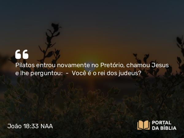 João 18:33 NAA - Pilatos entrou novamente no Pretório, chamou Jesus e lhe perguntou: — Você é o rei dos judeus?