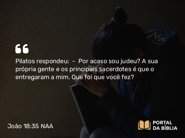 João 18:35 NAA - Pilatos respondeu: — Por acaso sou judeu? A sua própria gente e os principais sacerdotes é que o entregaram a mim. Que foi que você fez?