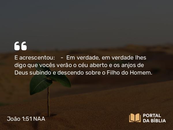 João 1:51 NAA - E acrescentou: — Em verdade, em verdade lhes digo que vocês verão o céu aberto e os anjos de Deus subindo e descendo sobre o Filho do Homem.