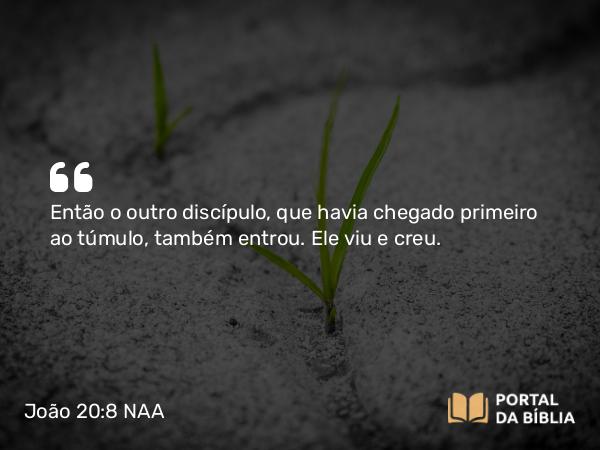 João 20:8 NAA - Então o outro discípulo, que havia chegado primeiro ao túmulo, também entrou. Ele viu e creu.