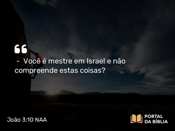 João 3:10 NAA - — Você é mestre em Israel e não compreende estas coisas?