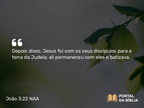 João 3:22 NAA - Depois disso, Jesus foi com os seus discípulos para a terra da Judeia; ali permaneceu com eles e batizava.