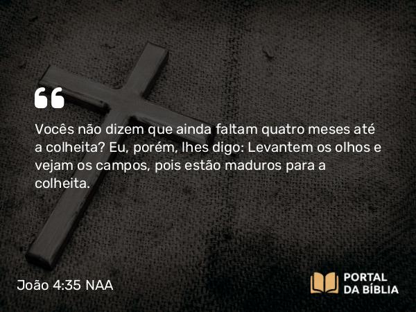 João 4:35 NAA - Vocês não dizem que ainda faltam quatro meses até a colheita? Eu, porém, lhes digo: Levantem os olhos e vejam os campos, pois estão maduros para a colheita.