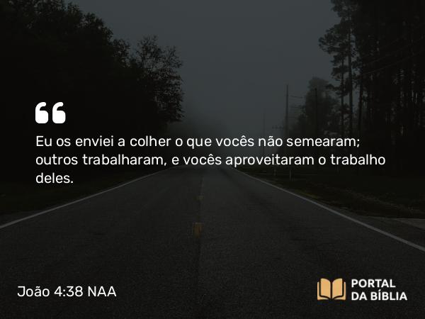 João 4:38 NAA - Eu os enviei a colher o que vocês não semearam; outros trabalharam, e vocês aproveitaram o trabalho deles.