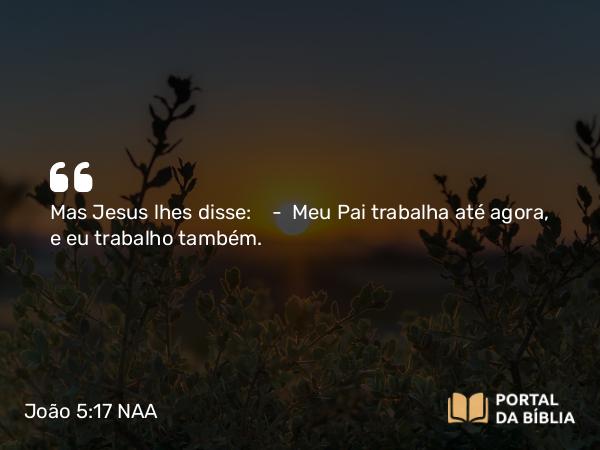 João 5:17 NAA - Mas Jesus lhes disse: — Meu Pai trabalha até agora, e eu trabalho também.