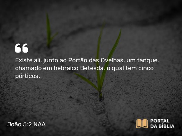 João 5:2 NAA - Existe ali, junto ao Portão das Ovelhas, um tanque, chamado em hebraico Betesda, o qual tem cinco pórticos.