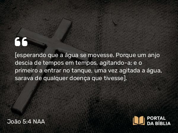 João 5:4 NAA - [esperando que a água se movesse. Porque um anjo descia de tempos em tempos, agitando-a; e o primeiro a entrar no tanque, uma vez agitada a água, sarava de qualquer doença que tivesse].