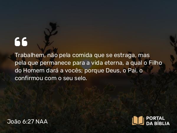 João 6:27 NAA - Trabalhem, não pela comida que se estraga, mas pela que permanece para a vida eterna, a qual o Filho do Homem dará a vocês; porque Deus, o Pai, o confirmou com o seu selo.