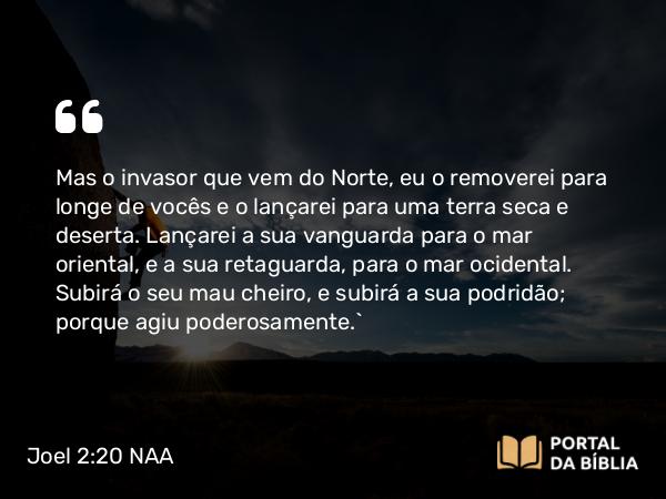 Joel 2:20 NAA - Mas o invasor que vem do Norte, eu o removerei para longe de vocês e o lançarei para uma terra seca e deserta. Lançarei a sua vanguarda para o mar oriental, e a sua retaguarda, para o mar ocidental. Subirá o seu mau cheiro, e subirá a sua podridão; porque agiu poderosamente.