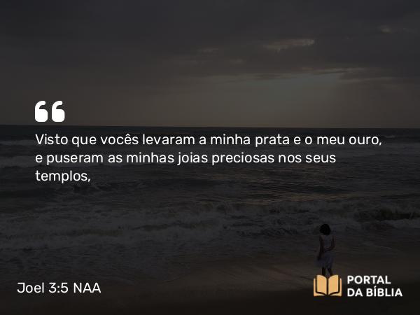 Joel 3:5 NAA - Visto que vocês levaram a minha prata e o meu ouro, e puseram as minhas joias preciosas nos seus templos,