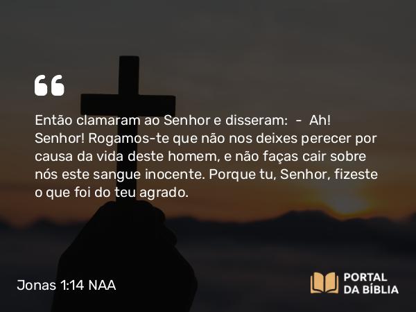 Jonas 1:14 NAA - Então clamaram ao Senhor e disseram: — Ah! Senhor! Rogamos-te que não nos deixes perecer por causa da vida deste homem, e não faças cair sobre nós este sangue inocente. Porque tu, Senhor, fizeste o que foi do teu agrado.