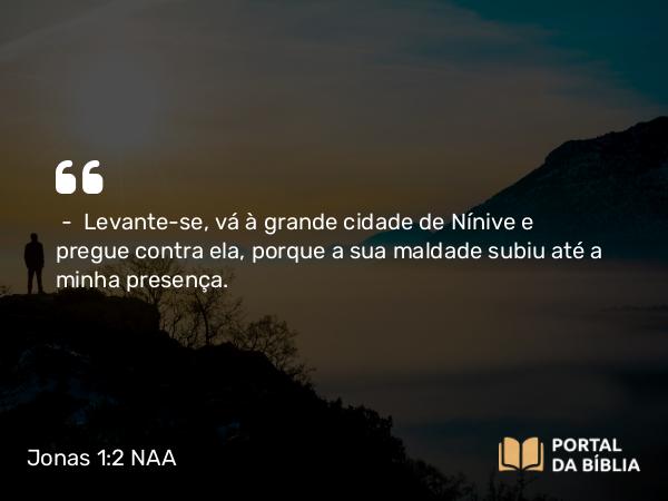 Jonas 1:2 NAA - — Levante-se, vá à grande cidade de Nínive e pregue contra ela, porque a sua maldade subiu até a minha presença.