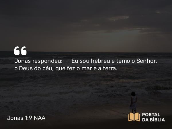 Jonas 1:9 NAA - Jonas respondeu: — Eu sou hebreu e temo o Senhor, o Deus do céu, que fez o mar e a terra.