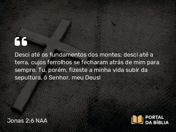 Jonas 2:6 NAA - Desci até os fundamentos dos montes; desci até a terra, cujos ferrolhos se fecharam atrás de mim para sempre. Tu, porém, fizeste a minha vida subir da sepultura, ó Senhor, meu Deus!