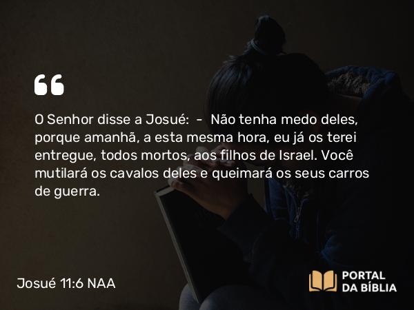 Josué 11:6 NAA - O Senhor disse a Josué: — Não tenha medo deles, porque amanhã, a esta mesma hora, eu os entregarei, todos mortos, aos filhos de Israel. Você mutilará os cavalos deles e queimará os seus carros de guerra.