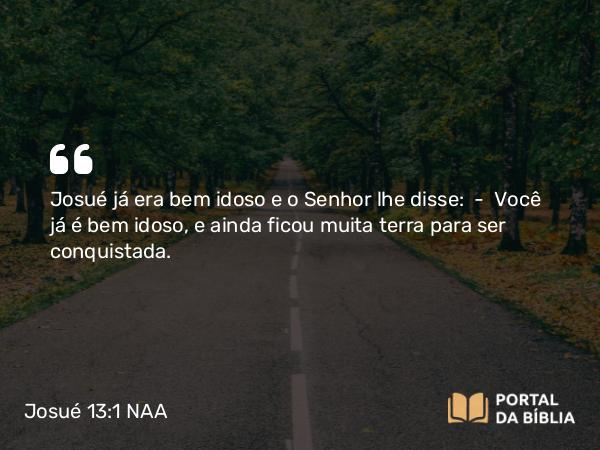 Josué 13:1 NAA - Josué já era bem idoso e o Senhor lhe disse: — Você já é bem idoso, e ainda ficou muita terra para ser conquistada.