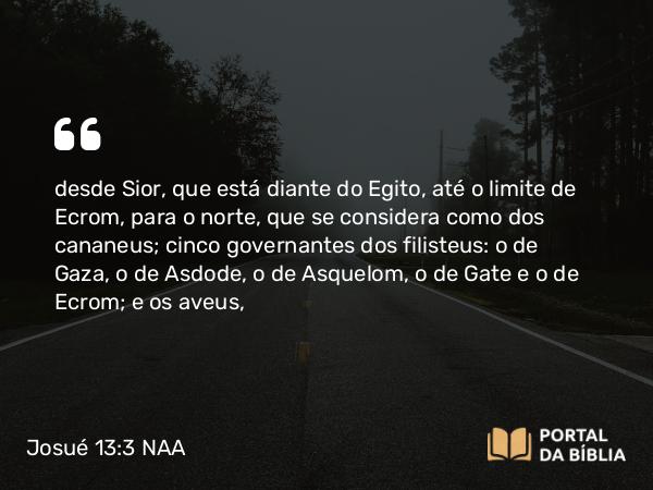 Josué 13:3 NAA - desde Sior, que está diante do Egito, até o limite de Ecrom, para o norte, que se considera como dos cananeus; cinco governantes dos filisteus: o de Gaza, o de Asdode, o de Asquelom, o de Gate e o de Ecrom; e os aveus,