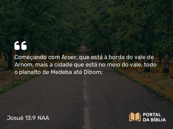 Josué 13:9 NAA - Começando com Aroer, que está à borda do vale de Arnom, mais a cidade que está no meio do vale, todo o planalto de Medeba até Dibom;