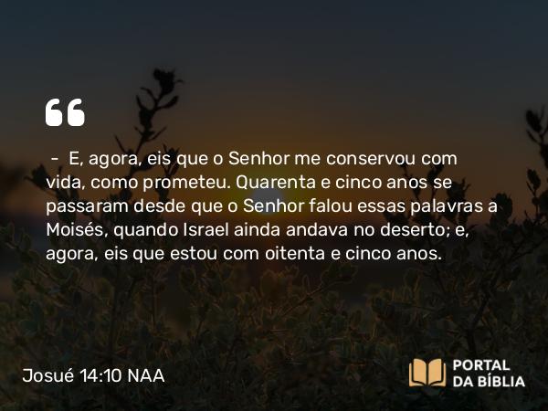 Josué 14:10 NAA - — E, agora, eis que o Senhor me conservou com vida, como prometeu. Quarenta e cinco anos se passaram desde que o Senhor falou essas palavras a Moisés, quando Israel ainda andava no deserto; e, agora, eis que estou com oitenta e cinco anos.