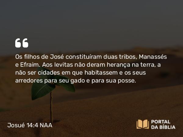 Josué 14:4 NAA - Os filhos de José constituíram duas tribos, Manassés e Efraim. Aos levitas não deram herança na terra, a não ser cidades em que habitassem e os seus arredores para seu gado e para sua posse.