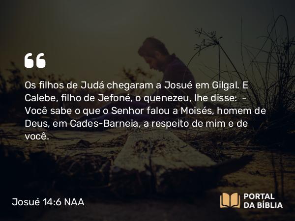 Josué 14:6 NAA - Os filhos de Judá chegaram a Josué em Gilgal. E Calebe, filho de Jefoné, o quenezeu, lhe disse: — Você sabe o que o Senhor falou a Moisés, homem de Deus, em Cades-Barneia, a respeito de mim e de você.