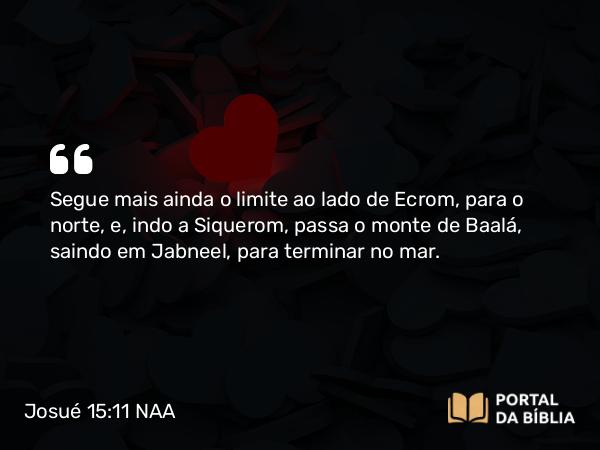 Josué 15:11 NAA - Segue mais ainda o limite ao lado de Ecrom, para o norte, e, indo a Siquerom, passa o monte de Baalá, saindo em Jabneel, para terminar no mar.