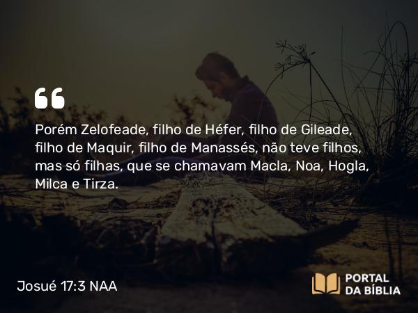 Josué 17:3-4 NAA - Porém Zelofeade, filho de Héfer, filho de Gileade, filho de Maquir, filho de Manassés, não teve filhos, mas só filhas, que se chamavam Macla, Noa, Hogla, Milca e Tirza.