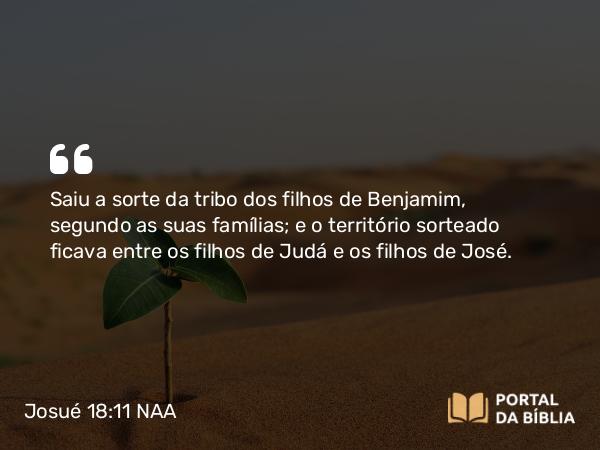 Josué 18:11 NAA - Saiu a sorte da tribo dos filhos de Benjamim, segundo as suas famílias; e o território sorteado ficava entre os filhos de Judá e os filhos de José.